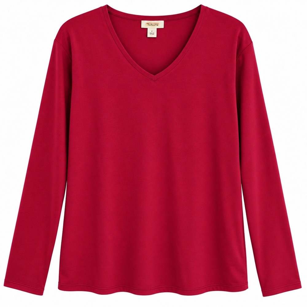 NWT Talbots Red V Neck Top XL Cotton Stretch Long Sleeve Layering Basic